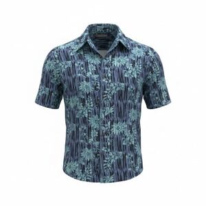 John Henry Mens XL Blue Teal Floral Rayon Short Sleeve Button Down Shirt Travel